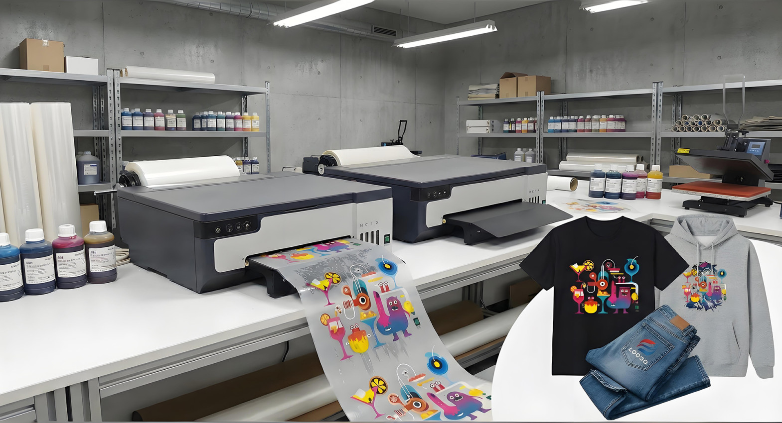 Commercial DTF printer for garment heat transfer, custom apparel production, and full-color film printing