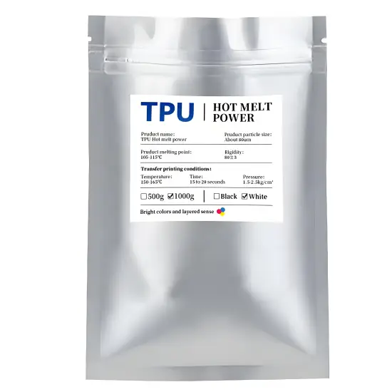 Industrial-grade Hot Melt Adhesive DTF Powder applied on various fabric types including swimsuit and cotton materials.