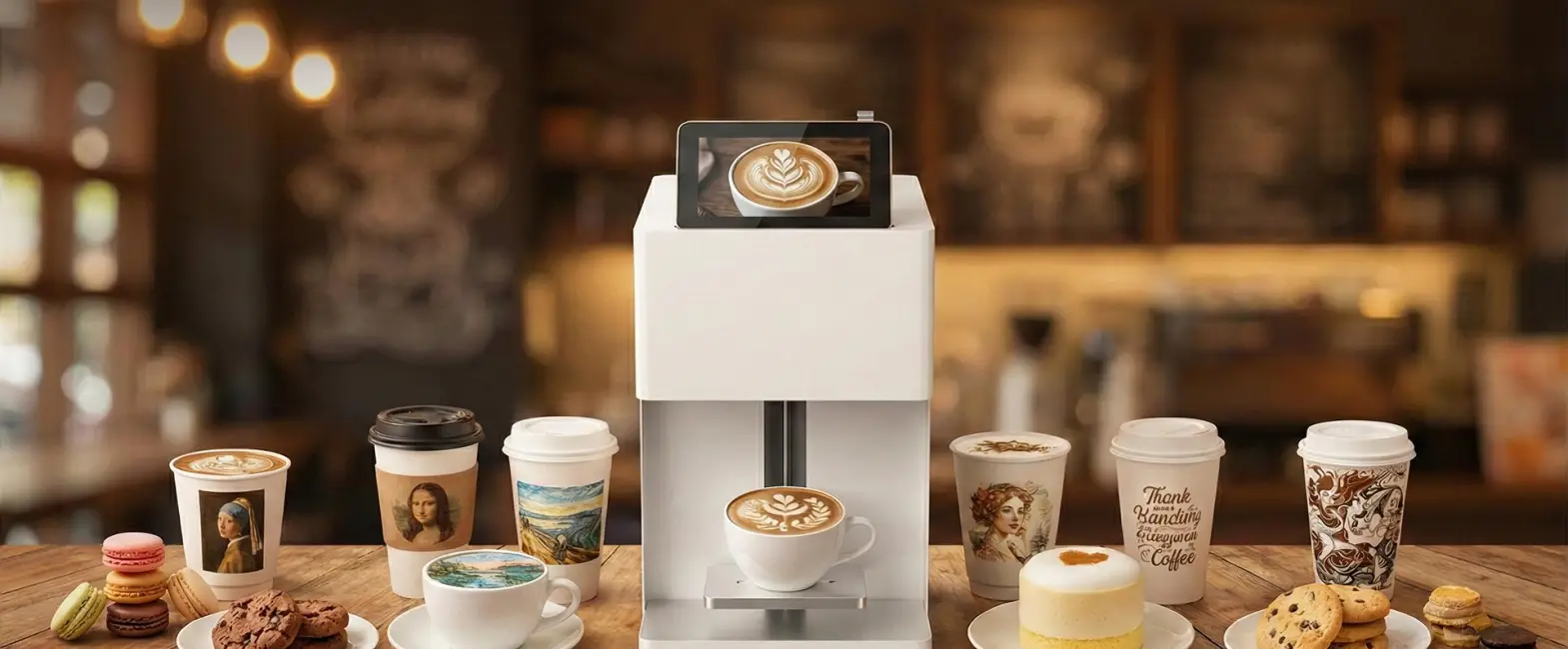 Commercial coffee printer for latte art, cafe branding, event catering, and personalized beverage presentation