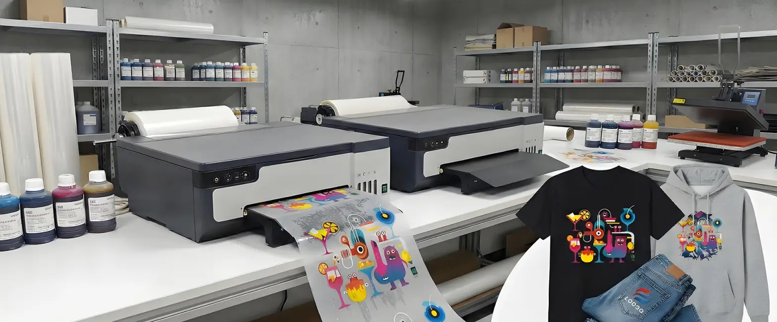 Commercial DTF printer for garment heat transfer, custom apparel production, and full-color film printing