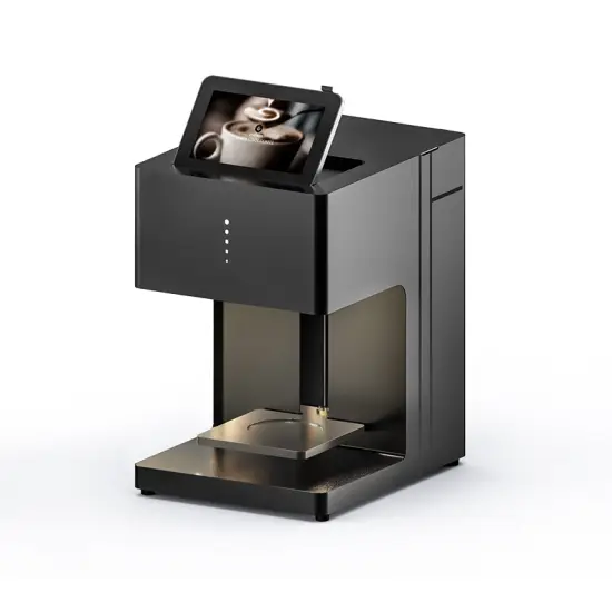 High-speed coffee printer printing intricate self-serving drink designs with FDA-certified food-grade ink.