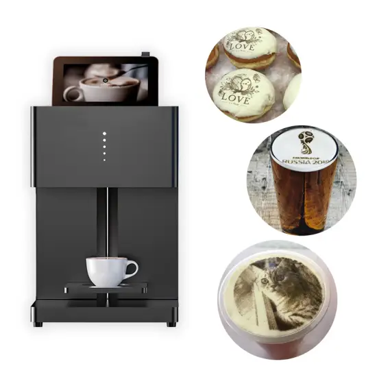 High-speed coffee printer printing intricate self-serving drink designs with FDA-certified food-grade ink.