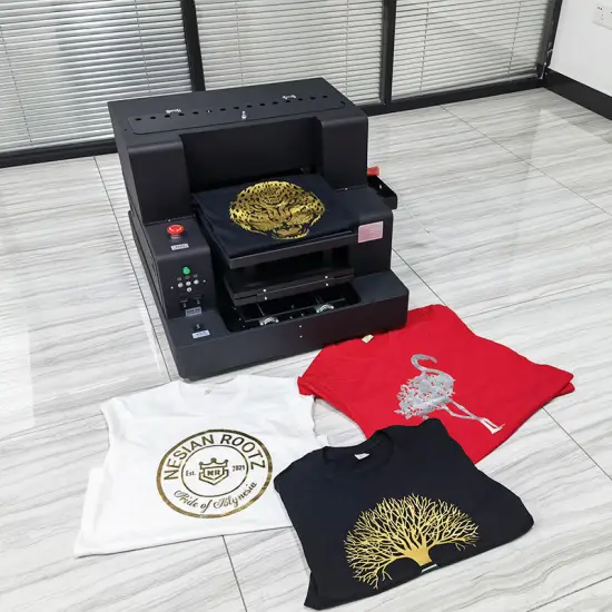 High-performance industrial A3 DTG printer for custom T-shirts and multi-material textile printing.