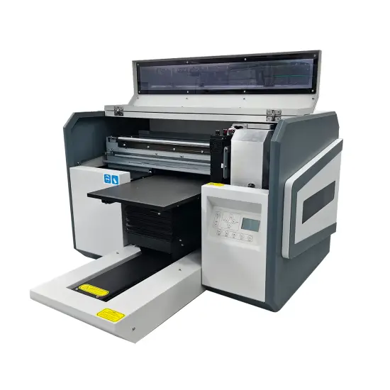 Industrial A3 UV flatbed printer with Epson i3200 printhead printing custom design on acrylic sheets