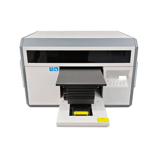 Industrial A3 UV flatbed printer with Epson i3200 printhead printing custom design on acrylic sheets