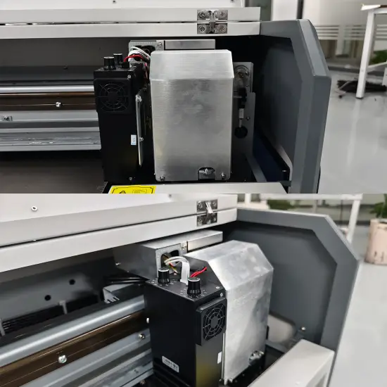 Industrial A3 UV flatbed printer with Epson i3200 printhead printing custom design on acrylic sheets