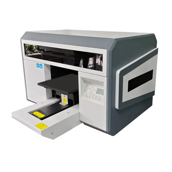 Industrial A3 UV flatbed printer with Epson i3200 printhead printing custom design on acrylic sheets