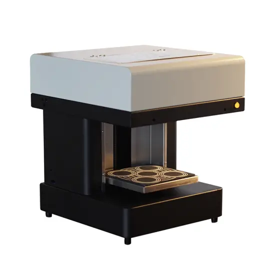 Industrial food printer creating personalized high-resolution edible designs on cakes, pizzas, and beverages.