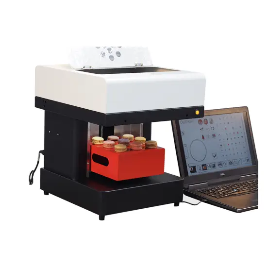 Industrial food printer creating personalized high-resolution edible designs on cakes, pizzas, and beverages.