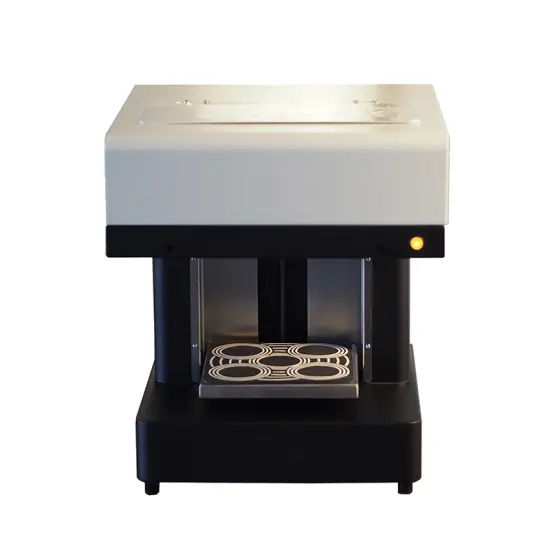 Industrial food printer creating personalized high-resolution edible designs on cakes, pizzas, and beverages.