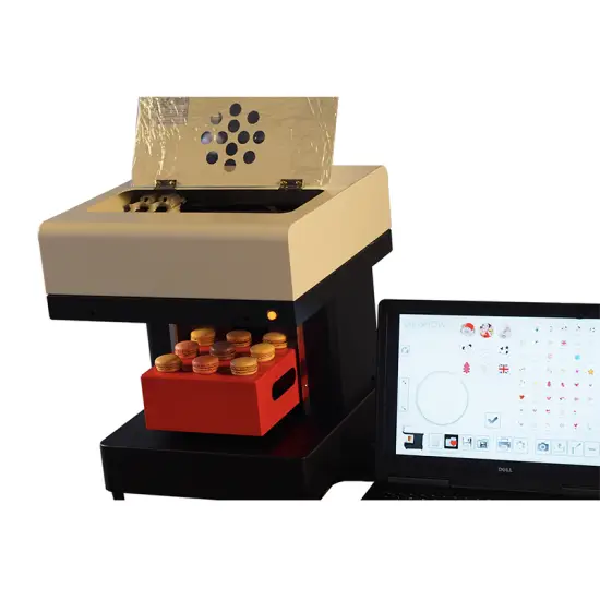 Industrial food printer creating personalized high-resolution edible designs on cakes, pizzas, and beverages.