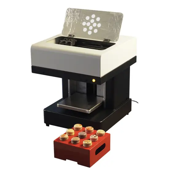 Industrial food printer creating personalized high-resolution edible designs on cakes, pizzas, and beverages.