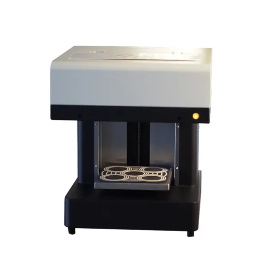 Industrial food printer creating personalized high-resolution edible designs on cakes, pizzas, and beverages.