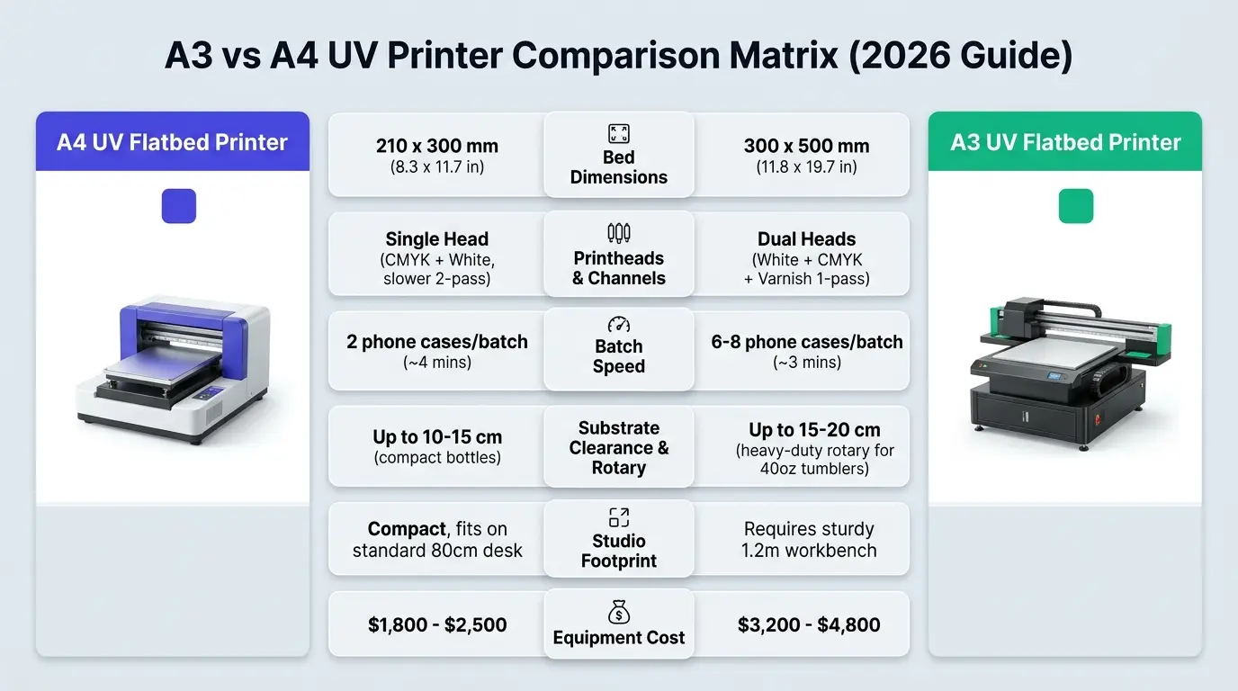 A3 vs A4 UV Printer Specifications and Production Comparison Matrix Diagram