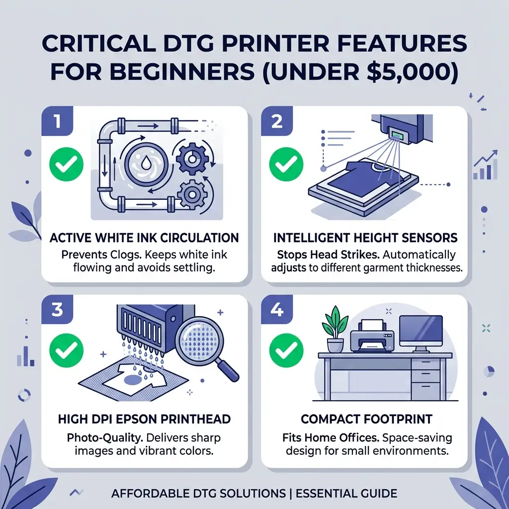 Checklist of critical DTG printer features for beginners under $5,000 including white ink circulation, height sensors, Epson printhead, and footprint