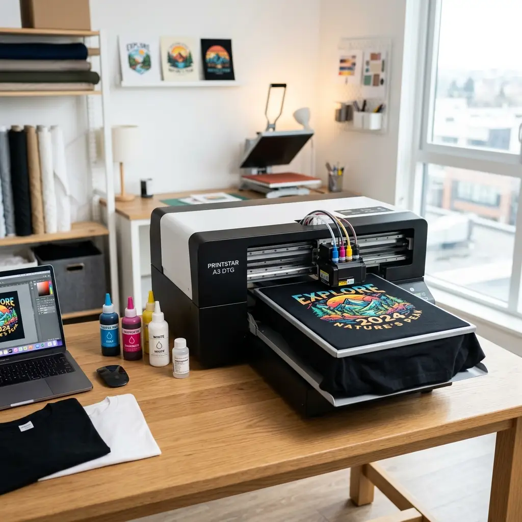 A compact desktop A3 DTG printer on a worktable printing a colorful design on a black cotton t-shirt