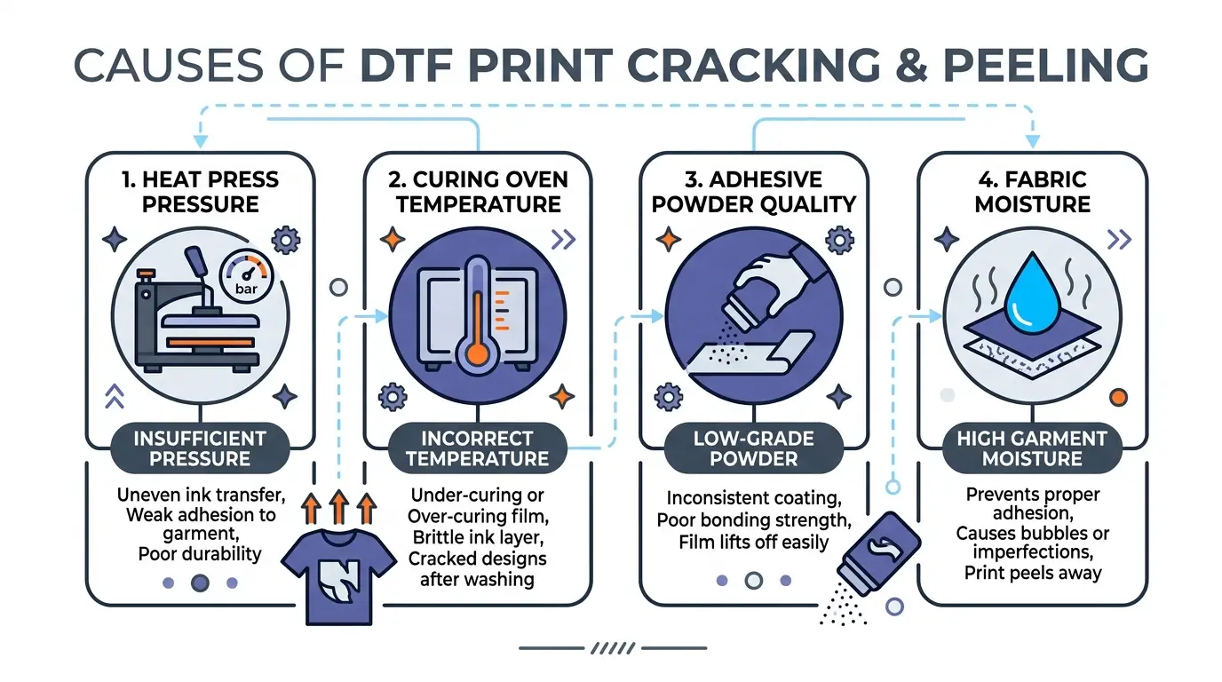 Diagnostic infographic showing the four causes of DTF transfer cracking and peeling