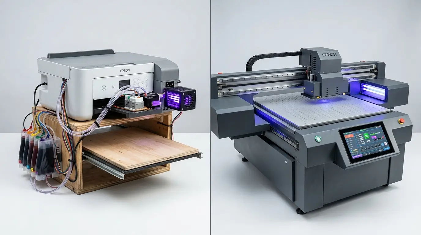 Commercial studio split comparison between a converted desktop Epson paper printer with exposed wiring and an industrial factory-built commercial UV flatbed machine with precision linear guide rails