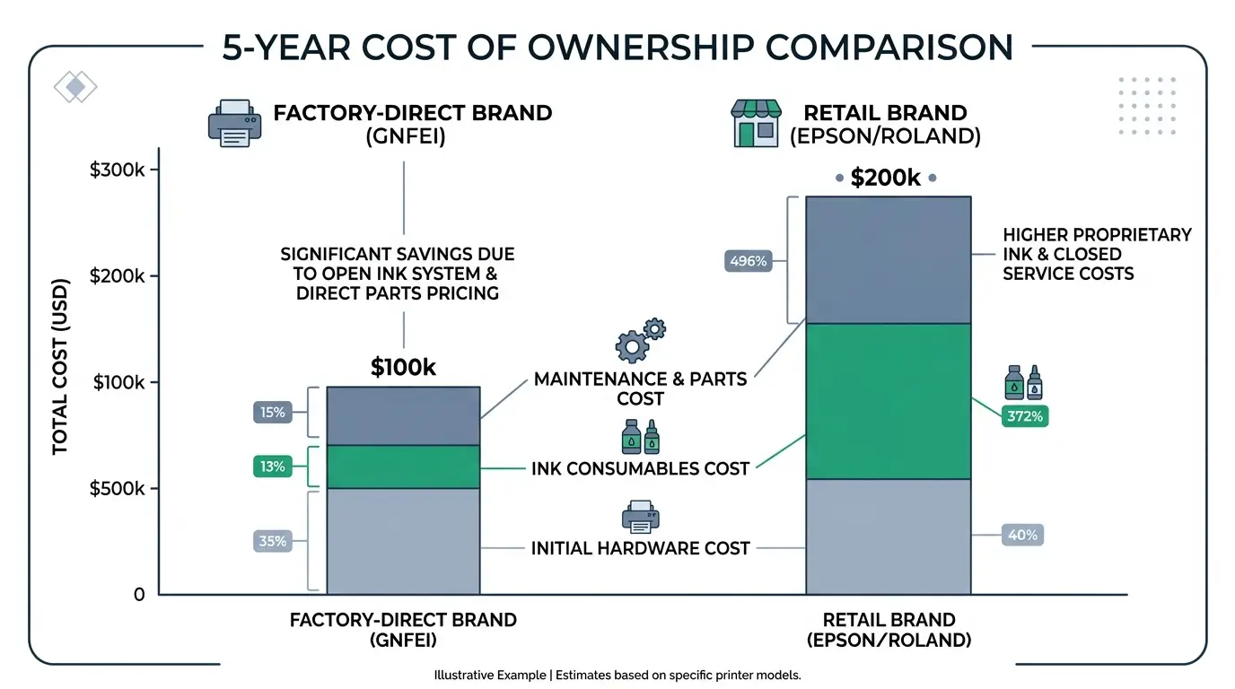 5-Year Cost of Ownership Comparison: Factory-Direct (GNFEI) vs Retail Brand (Epson/Roland)