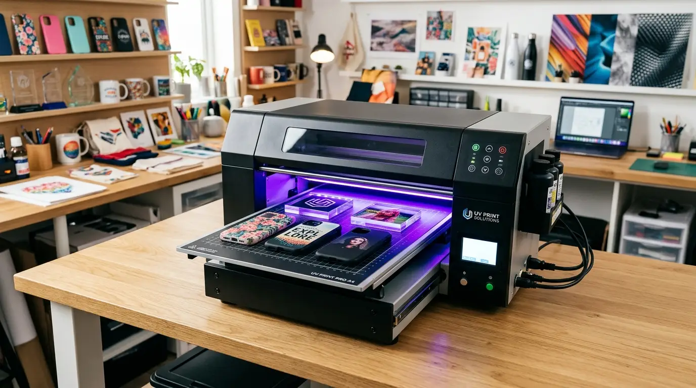 A modern compact desktop UV flatbed printer operating in a clean workshop studio printing custom phone cases and acrylic blocks