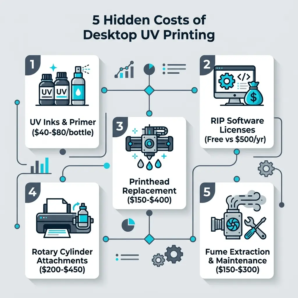 5 Hidden Costs of Desktop UV Printing Infographic covering inks, RIP software, printheads, rotary cylinder attachments, and fume extraction