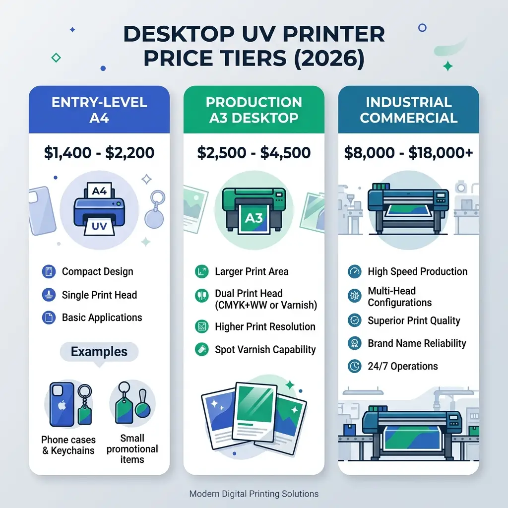 Desktop UV Printer Price Tiers 2026 Infographic showing Entry-Level A4, Production A3 Desktop, and Industrial Commercial