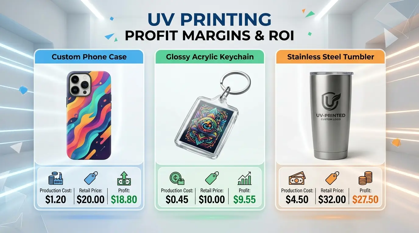 UV Printing Profit Margins and ROI comparison chart for custom phone case, glossy acrylic keychain, and stainless steel tumbler