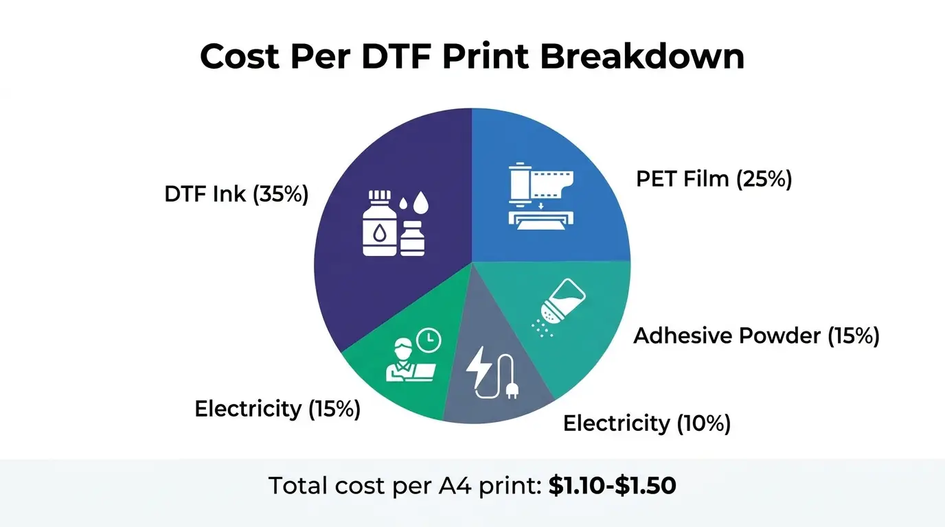 Cost per DTF print breakdown — ink, film, powder, electricity, labor pie chart
