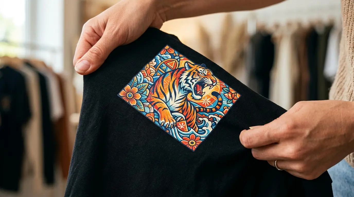 Stretched printed custom shirt showing a crack-free durable DTF transfer print