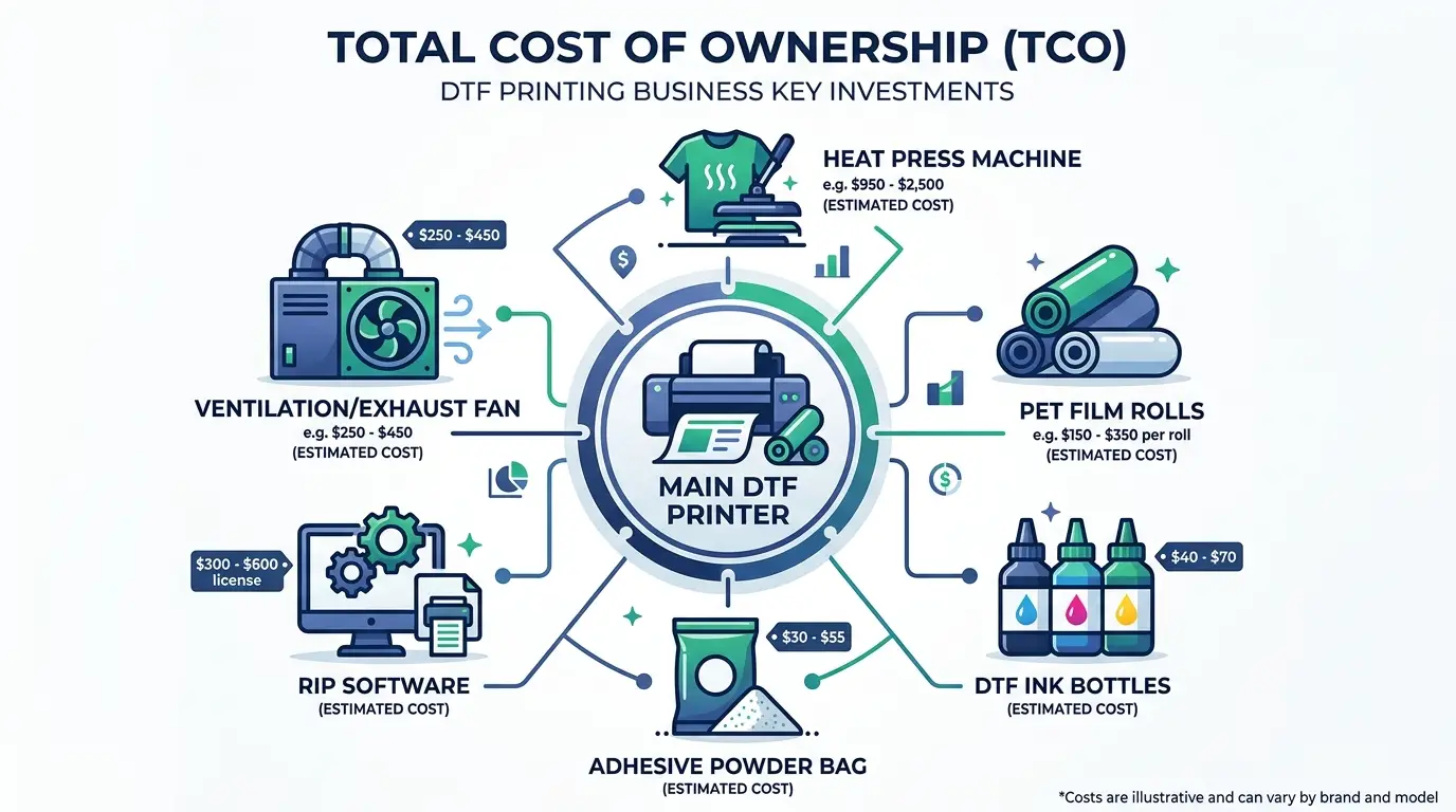Total cost of ownership for a DTF printing business — hidden costs breakdown infographic
