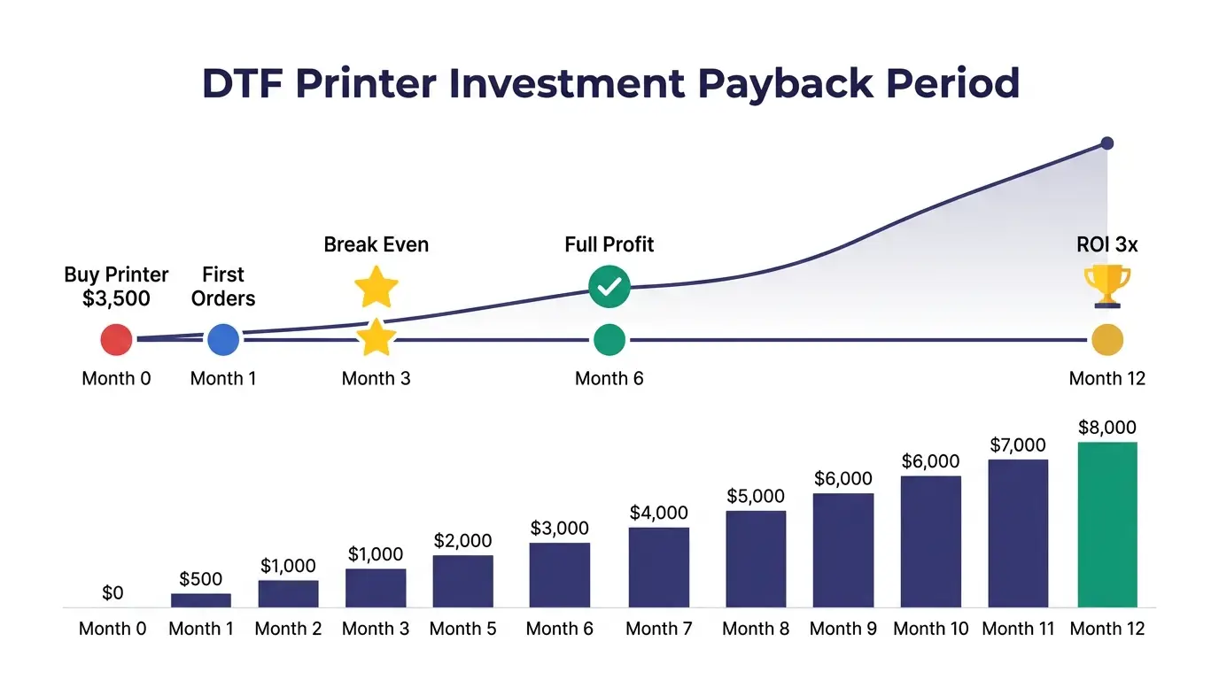 DTF printer investment payback period timeline — break even at month 3, ROI 3x by month 12