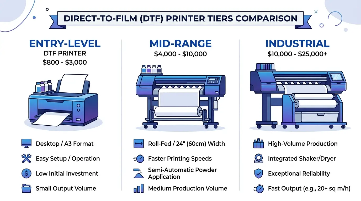 DTF printer price tiers comparison chart — Entry, Mid-Range, and Industrial