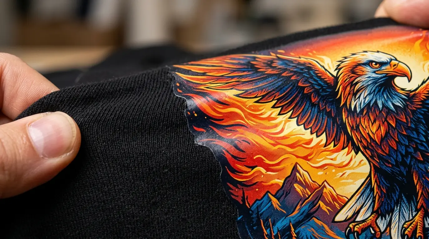 Magnified macro shot of DTF print transfer on black cotton fabric showing high color density and stretchability