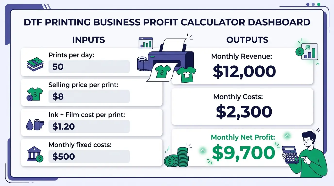 DTF printing business profit calculator dashboard showing monthly net profit of $9,700