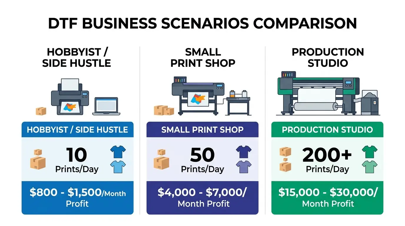 DTF business scenarios comparison — Hobbyist vs Small Print Shop vs Production Studio profit comparison