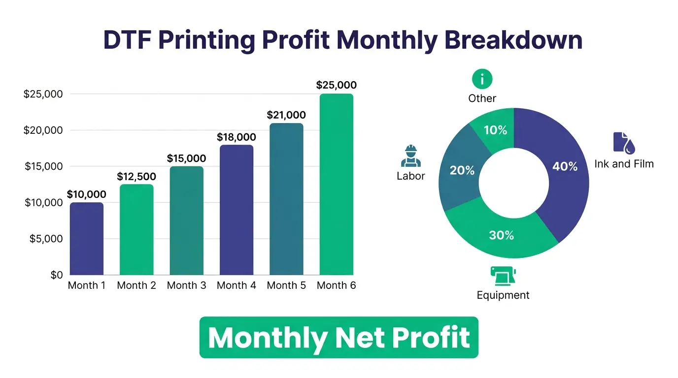 DTF printing business monthly profit and ROI breakdown chart