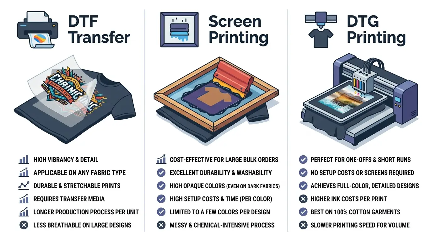 DTF Transfer vs Screen Printing vs DTG Printing comparison
