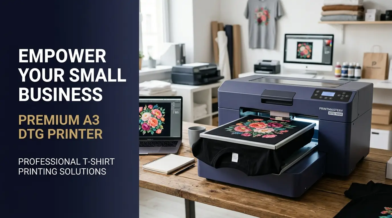 Best DTG printer for small business 2026 — GNFEI A3 F85G3 printing on dark t-shirt in modern studio
