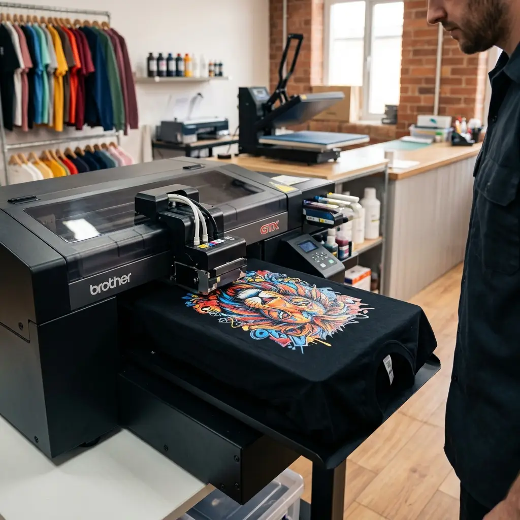 A professional Direct-to-Garment printing workshop with a premium DTG printer