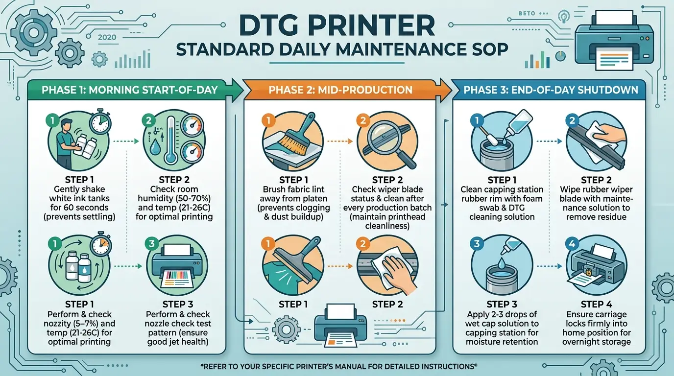 Technical flowchart diagram detailing the standard daily maintenance SOP for a DTG printer across morning, mid-shift, and evening phases
