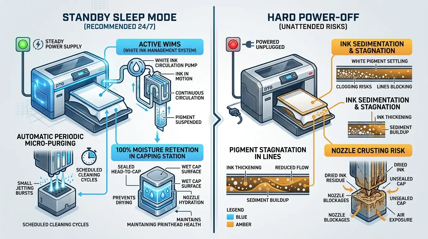 Technical Diagram Comparing DTG Printer Standby Sleep Mode vs Hard Power-Off Overnight