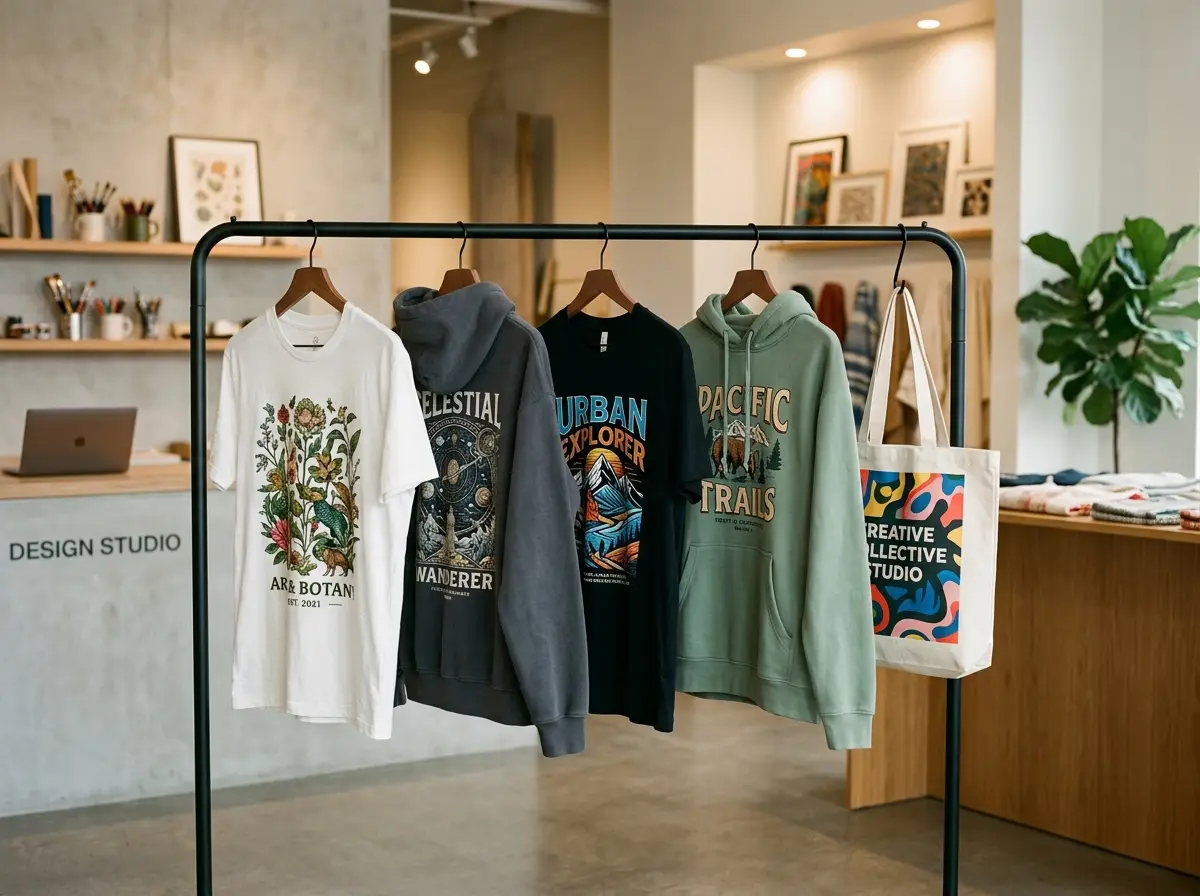Custom DTG printed hoodies and tshirts on display rack