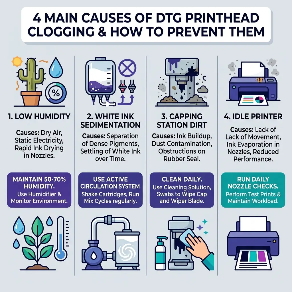 Infographic illustrating the 4 main causes of DTG clogging: Low humidity, ink sedimentation, capping station dirt, and idle status