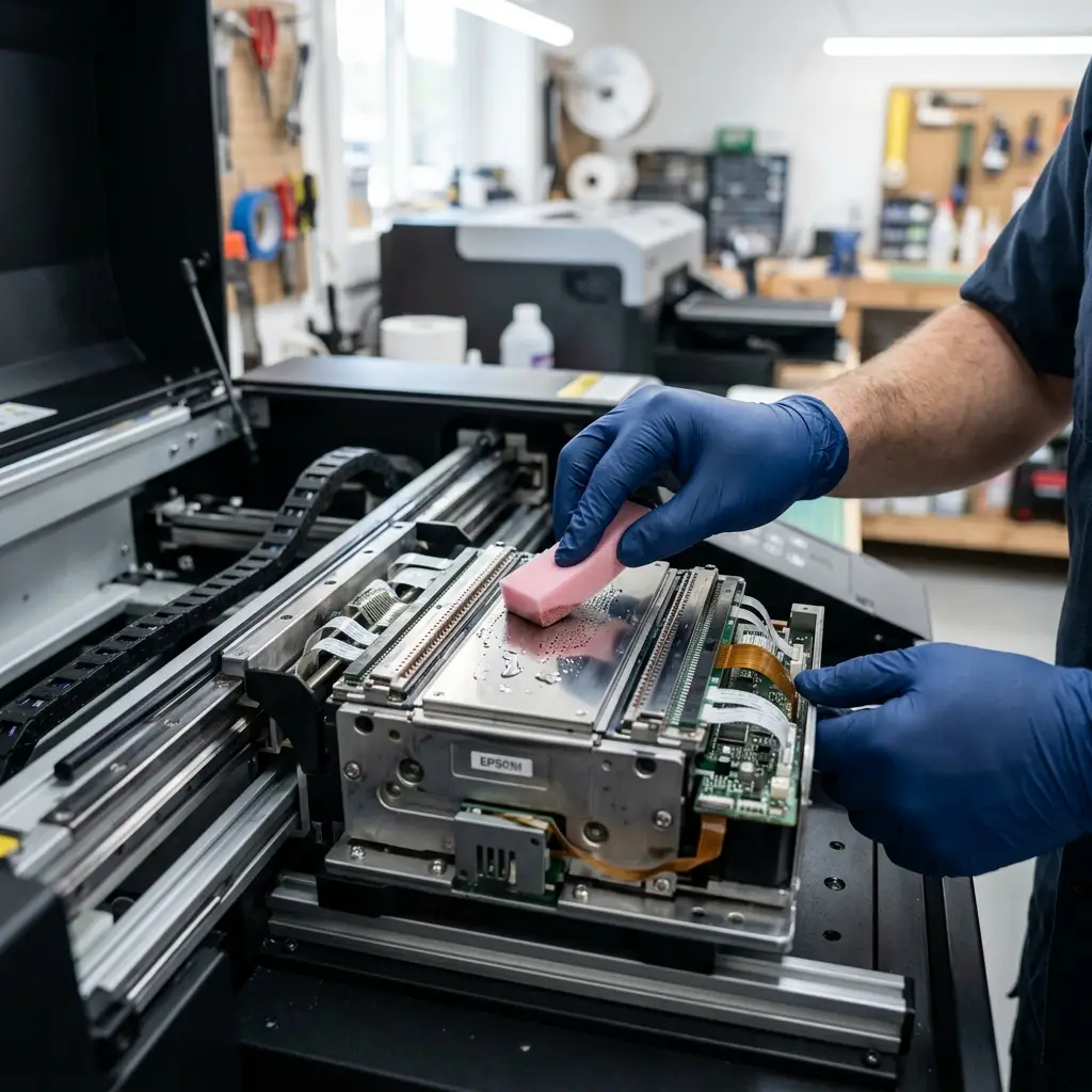 A technician using a cleaning swab to maintain a DTG printhead nozzle plate in a print shop