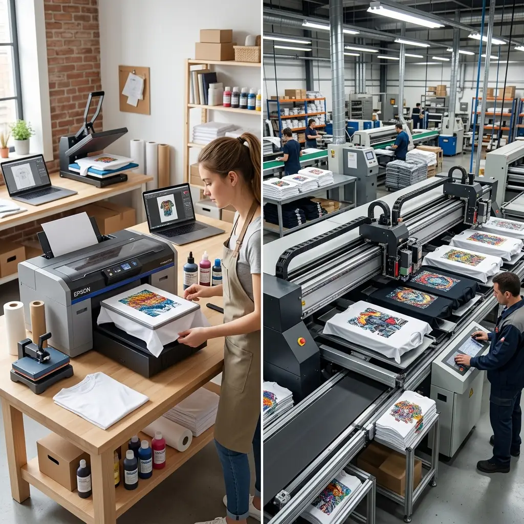 A side-by-side comparison of a desktop DTG printer in a small print shop and an industrial multi-platen DTG machine in a factory