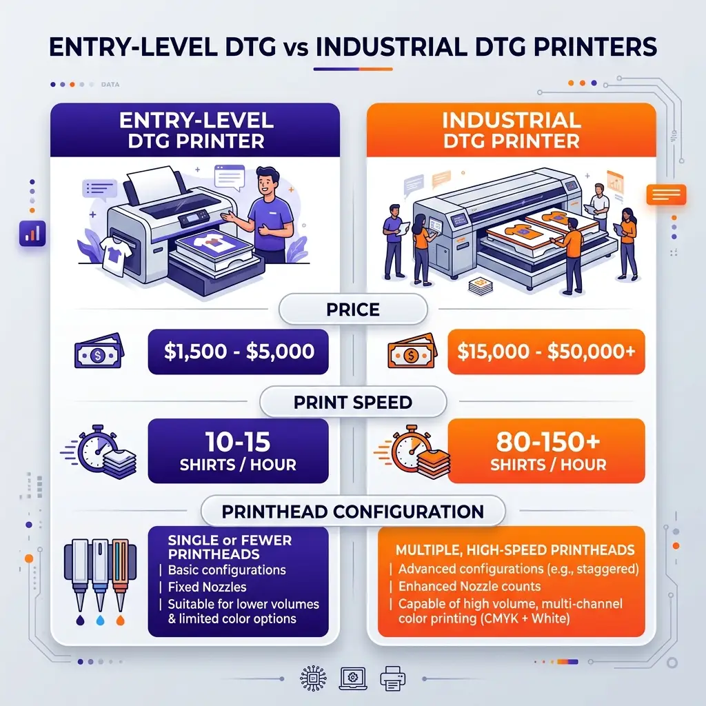 Comparison chart detailing price and print speed differences between entry-level and industrial DTG printers