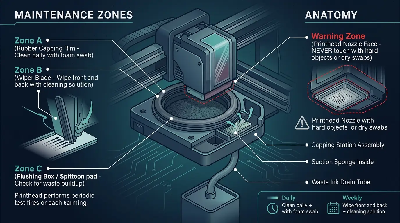 Detailed technical diagram illustrating DTG printer maintenance zones: rubber capping rim, wiper blade, spittoon, and nozzle plate warning zone