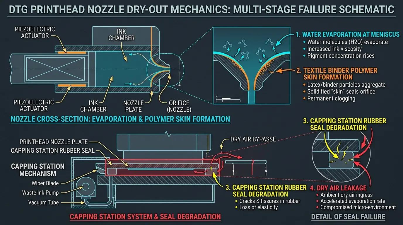 Technical diagram illustrating capping station seal failure and nozzle meniscus drying in a DTG printer