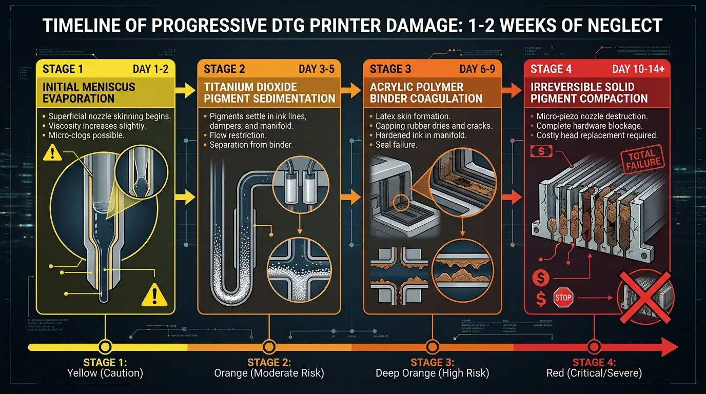 Technical infographic diagram illustrating the timeline of progressive DTG printer damage over 1 to 2 weeks of neglect