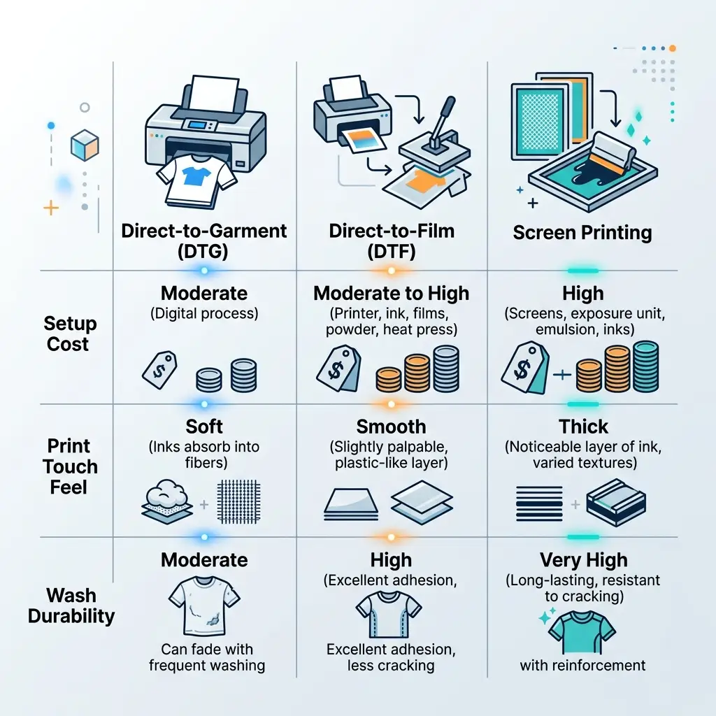 Comparison matrix showing differences between DTG, DTF, and Screen Printing
